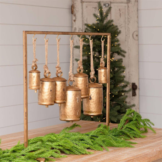 Distressed Gold Bells On Stand (Set of 7)